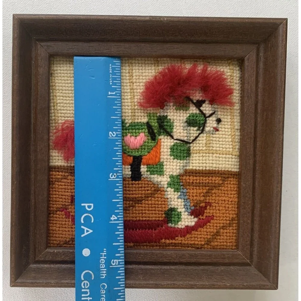 Vintage  Framed Needlepoint Rocking Horse Baby Decor Nursery Child 6.25” X 6.25”